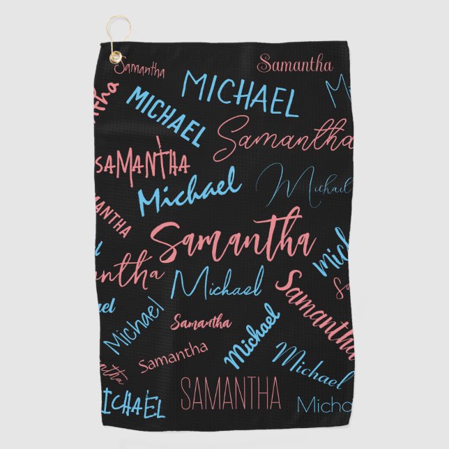 Two names couples pattern monogram blue light pink golf towel (Front)