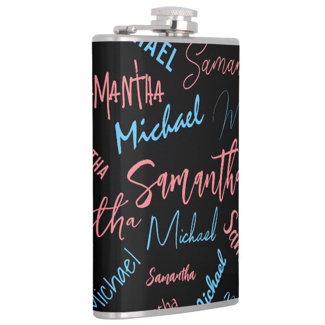 Two names couples pattern monogram blue light pink hip flask (Right)