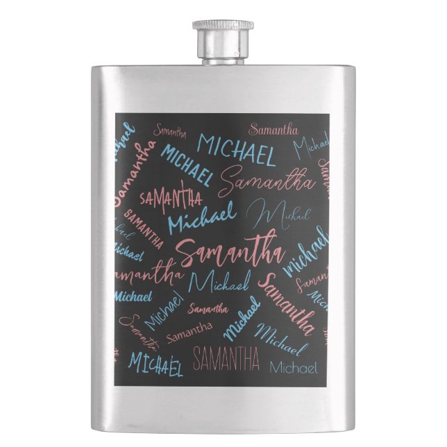Two names couples pattern monogram blue light pink hip flask (Front)