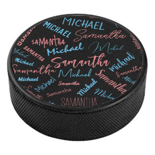 Two names couples pattern monogram blue light pink hockey puck