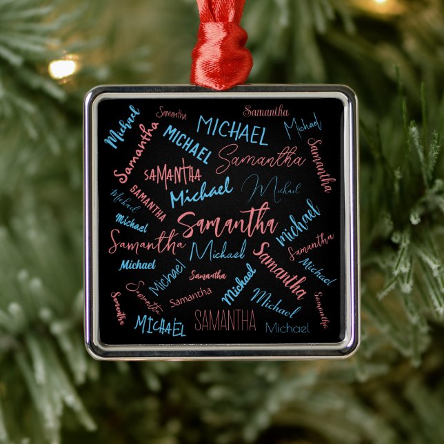 Two names couples pattern monogram blue light pink metal tree decoration (Tree)