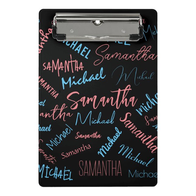 Two names couples pattern monogram blue light pink mini clipboard (Front)