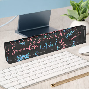 Two names couples pattern monogram blue light pink nameplate