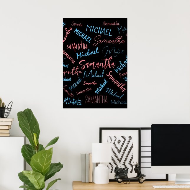 Two names couples pattern monogram blue light pink poster (Home Office)