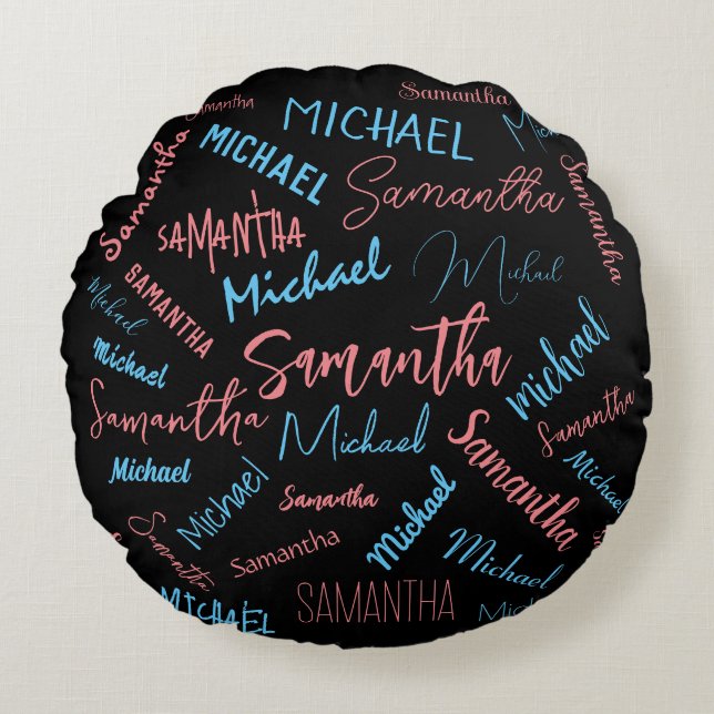 Two names couples pattern monogram blue light pink round cushion (Front)