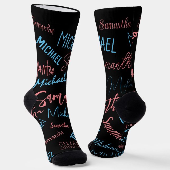 Two names couples pattern monogram blue light pink socks (Angled)