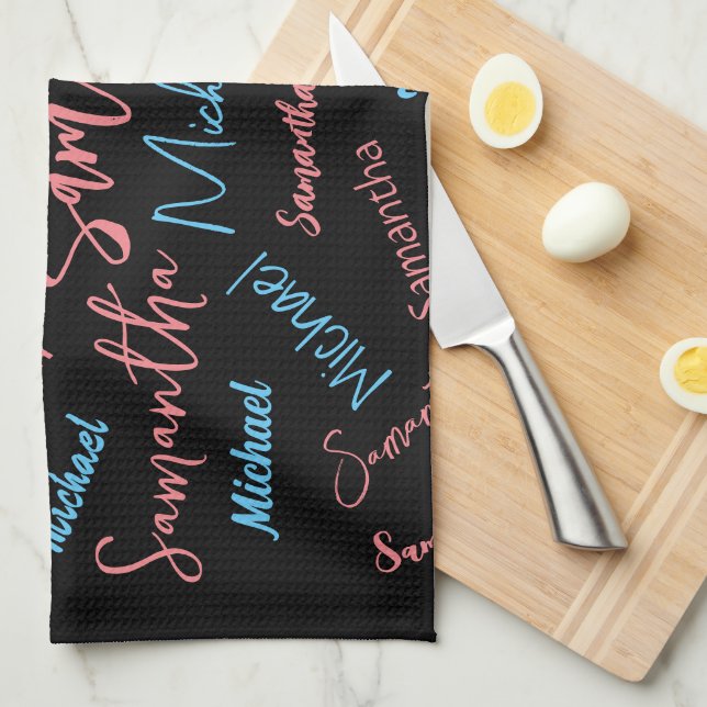 Two names couples pattern monogram blue light pink tea towel (Quarter Fold)