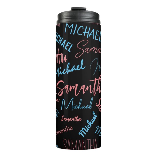 Two names couples pattern monogram blue light pink thermal tumbler (Front)