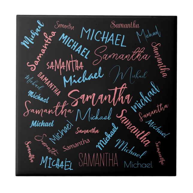 Two names couples pattern monogram blue light pink tile (Front)