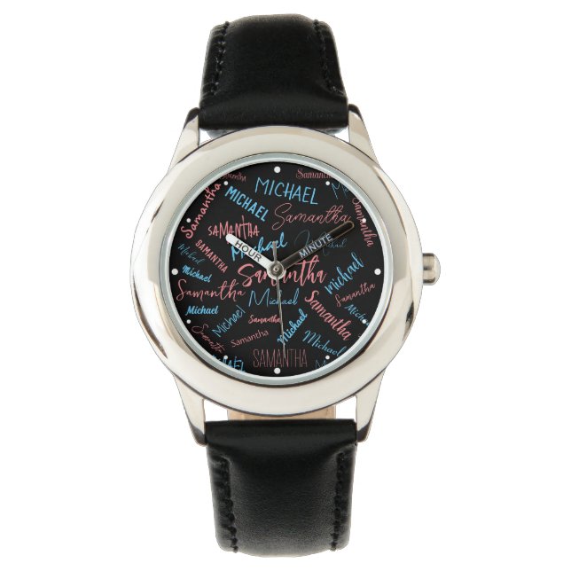 Two names couples pattern monogram blue light pink watch (Front)