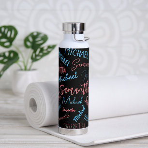 Two names couples pattern monogram blue light pink water bottle