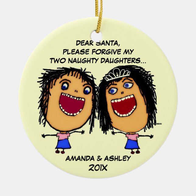 Two Naughty Daughters Cartoon Ceramic Tree Decoration (Front)