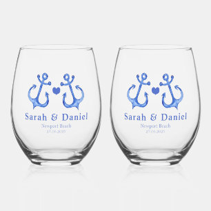 Two Nautical Navy Anchors & Heart - Navy Wedding Stemless Wine Glass