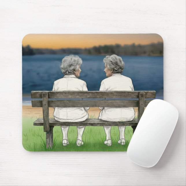 Two Old Ladies Chatting on a Bench Mouse Mat (With Mouse)