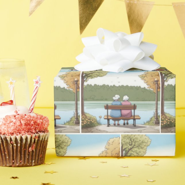 Two Old Ladies Sitting on a Bench Wrapping Paper (Birthday Party)