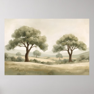 Two Olive Trees Rolling Countryside Watercolor Poster