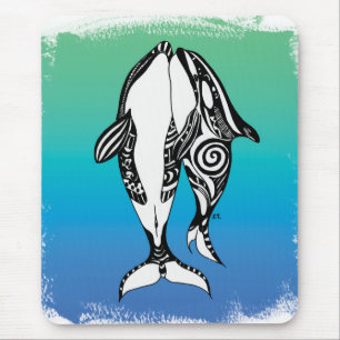 Two Orca Whales Teal Blue Brushed Tribal Mouse Mat