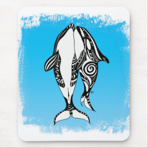 Two Orca Whales Tribal Blue Brushed Mouse Mat
