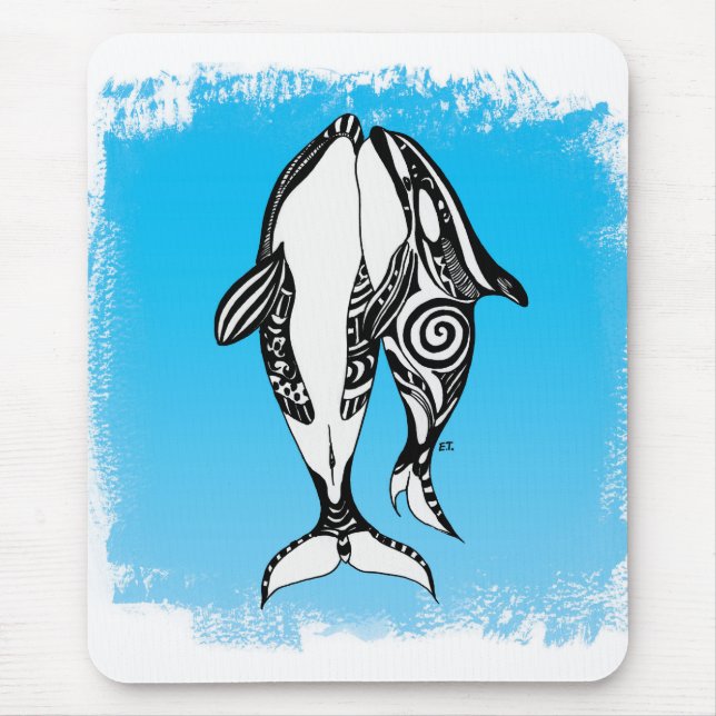 Two Orca Whales Tribal Blue Brushed Mouse Mat (Front)