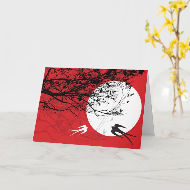 Two Oriental Swallows In Moonlight With Branches Card (Yellow Flower)