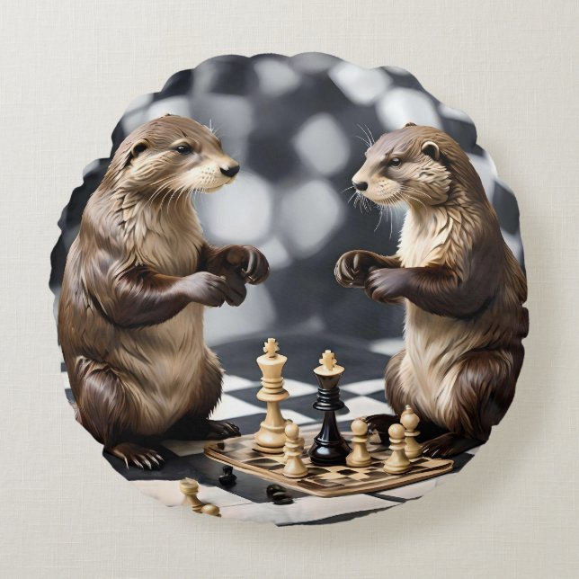 Two Otters Playing Chess,  Round Cushion (Front)