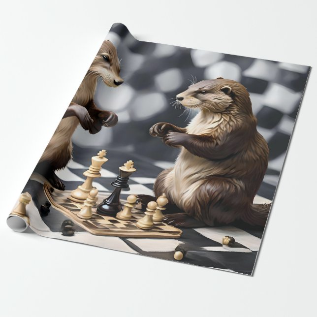 Two Otters Playing Chess,  Wrapping Paper (Unrolled)
