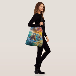 Two Otters Surfing Design by Rich AMeN Gill Crossbody Bag