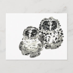 Two owl chicks sumie ink painting postcard