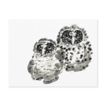 Two owl chicks sumie ink painting