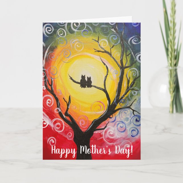 Two owls in a tree under a magic sky Mother’s Day Holiday Card (Front)