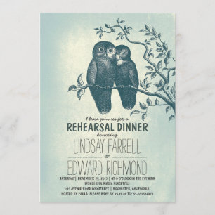 two owls in love & tree branch rehearsal dinner invitation