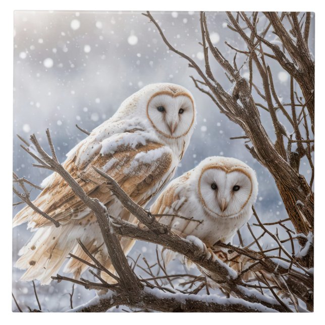 Two Owls in the Snow Pretty Seasonal Tile (Front)