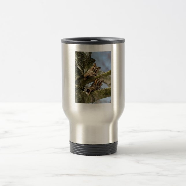 Two Owls in the Woods, birds, wildlife Travel Mug (Center)
