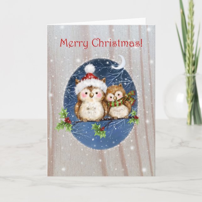 Two Owls on Branch, Merry Christmas Card (Front)