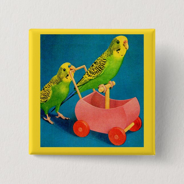 two parakeets 15 cm square badge (Front)