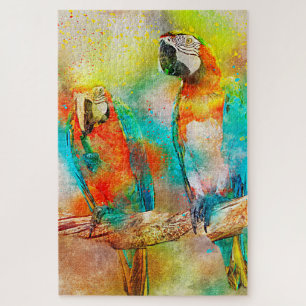 Two Parrots Colorful Birds Watercolor Painting Jigsaw Puzzle