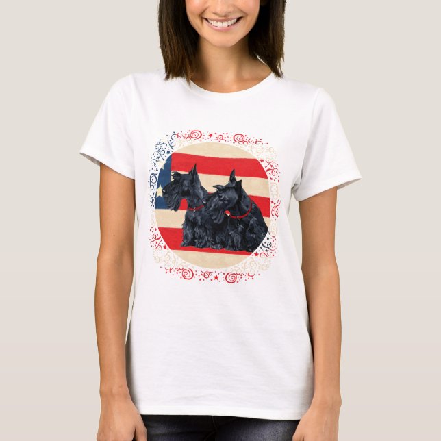 Two Patriotic Scottish Terriers T-Shirt (Front)