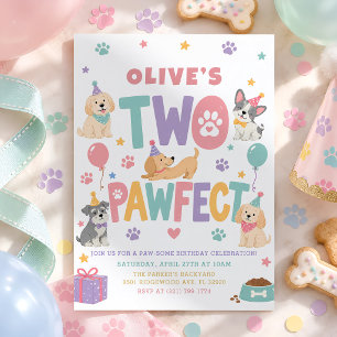 Two Pawfect Pastel Puppy 2nd Birthday Party Invitation