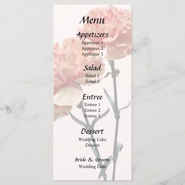 Two Peach and Pink Carnations Wedding Menu (Front)