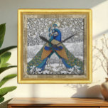 Two Peacocks in Embrace Art Nuovo, Framed Clock<br><div class="desc">Vintage Wall Clock featuring Two Peacocks Embrace vintage artwork surrounded by a beautiful botanical garden, flowers in winter whites laced in gold of Art Nuovo following in style of William Morris. Framed in golden picture frame underlined with old decorative rustic canvas fabric background. Full framed version can be activated in...</div>