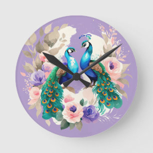 Two Peacocks Purple  Round Clock