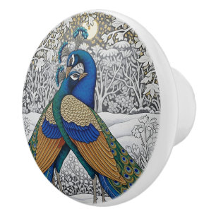 Two Peacocks Romance, Love, Winter Art, Morris Ceramic Knob
