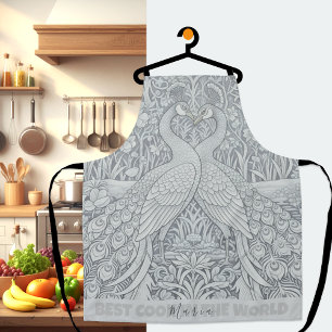 Two Peacocks Winter Love Art Apron, Chefs Kitchen Apron