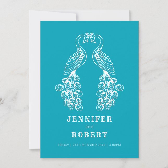 Two peafowl bird teal white wedding invitation (Front)