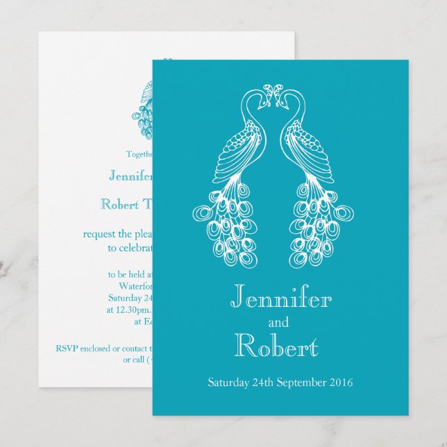 Two Peafowl teal white wedding invitation (Front/Back)