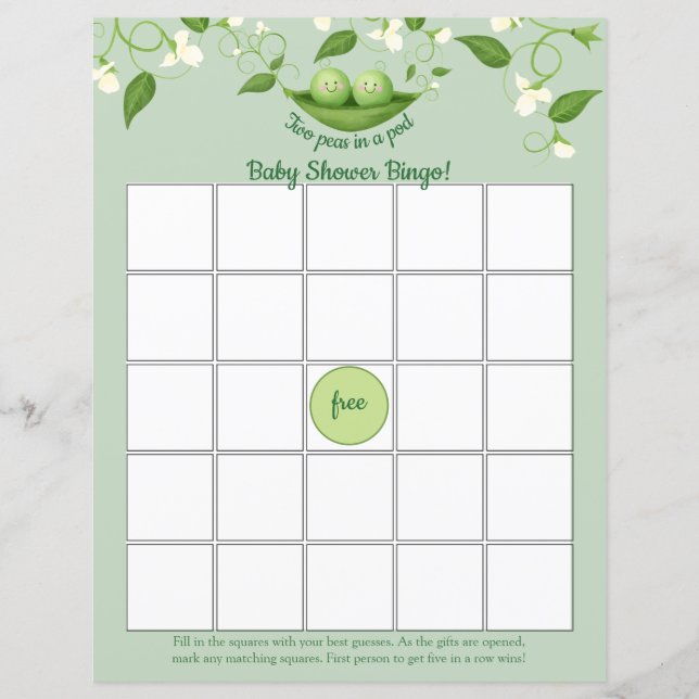 Two Peas in a Pod Baby Shower Bingo Game card (Front)