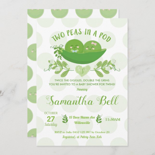 Two Peas in a Pod Baby Shower Invitation for Twins (Front/Back)