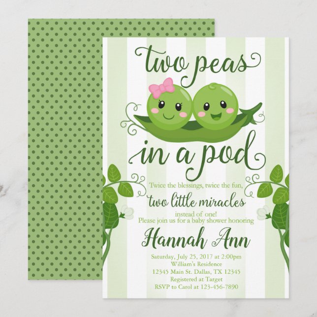 Two Peas in a Pod Baby Shower Invitation Sweet Pea (Front/Back)