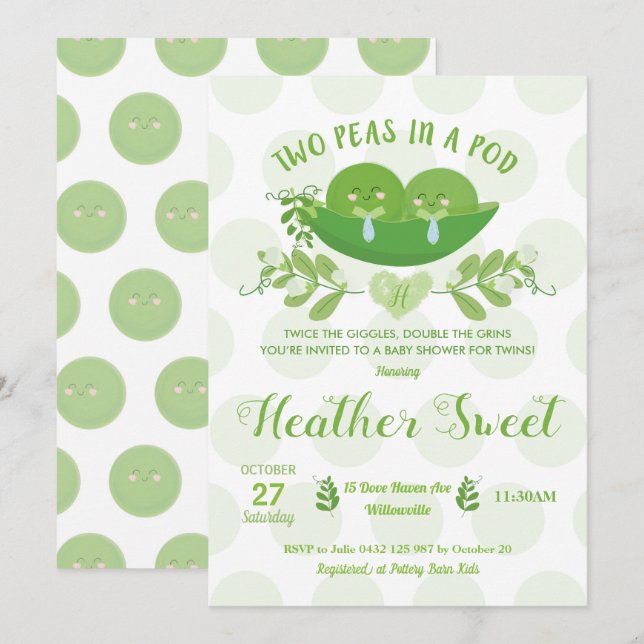 Two Peas in a Pod Baby Shower Invitation Twins Boy (Front/Back)