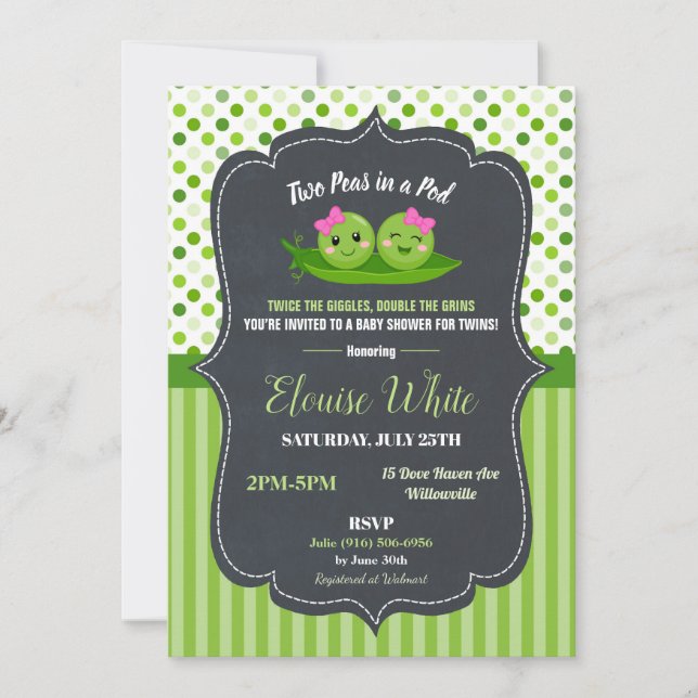 Two Peas in a Pod Baby Shower Twins Baby Girls Invitation (Front)